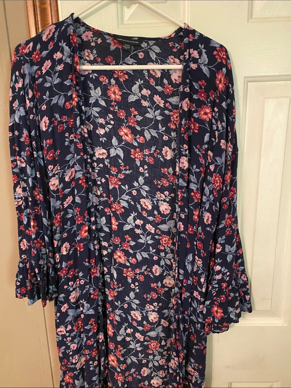 American Eagle Outfitters Navy Floral Open Front Tunic with Pink and Red Flowers